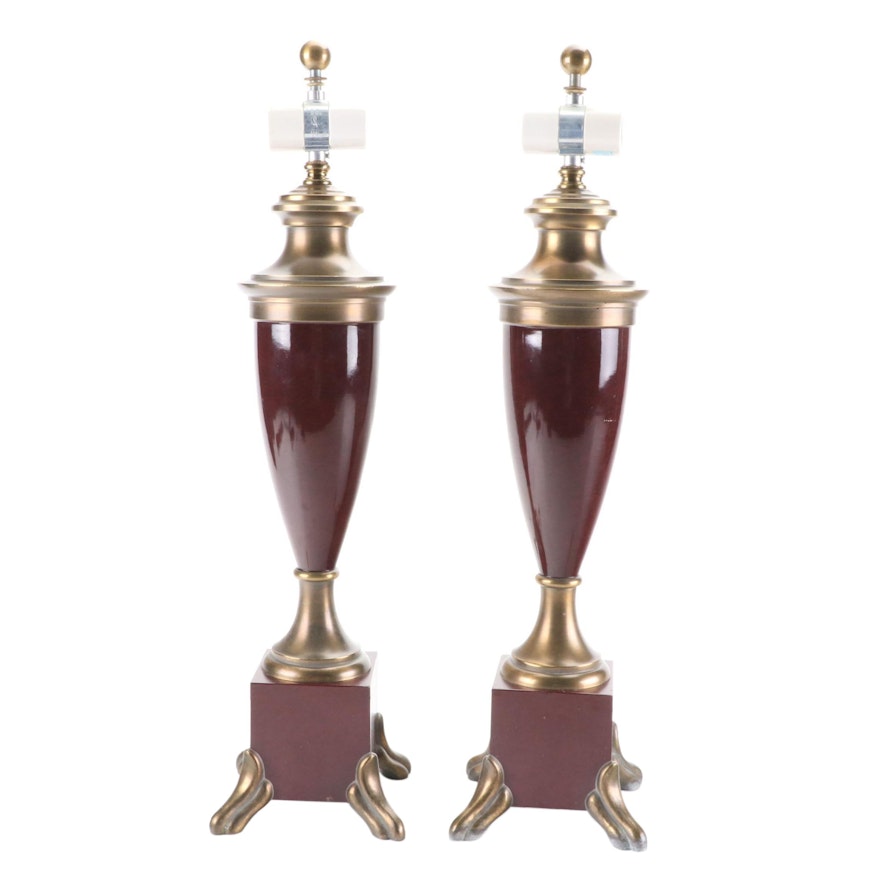 Pair of Neoclassical Style Mahogany Finished Metal and Brass Table Lamps