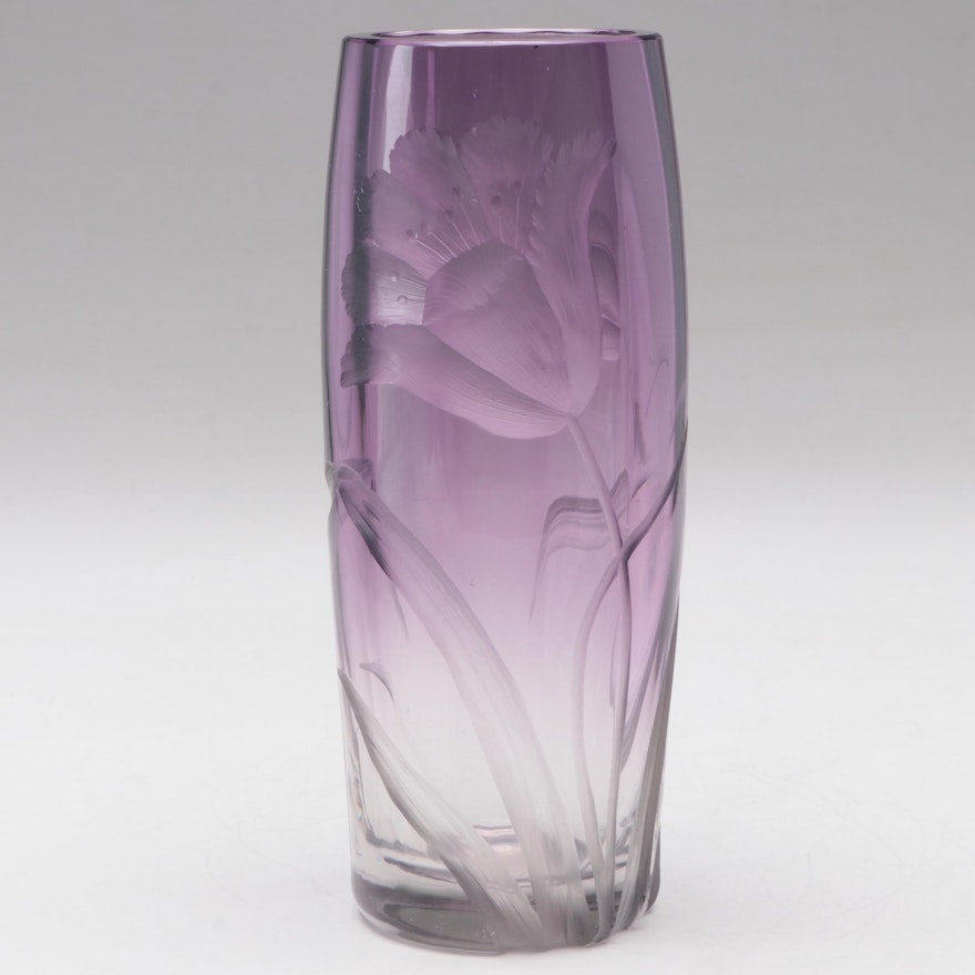 Moser Bohemian Intaglio Cut Floral Motif Alexandrite Ombré Art Glass Vase