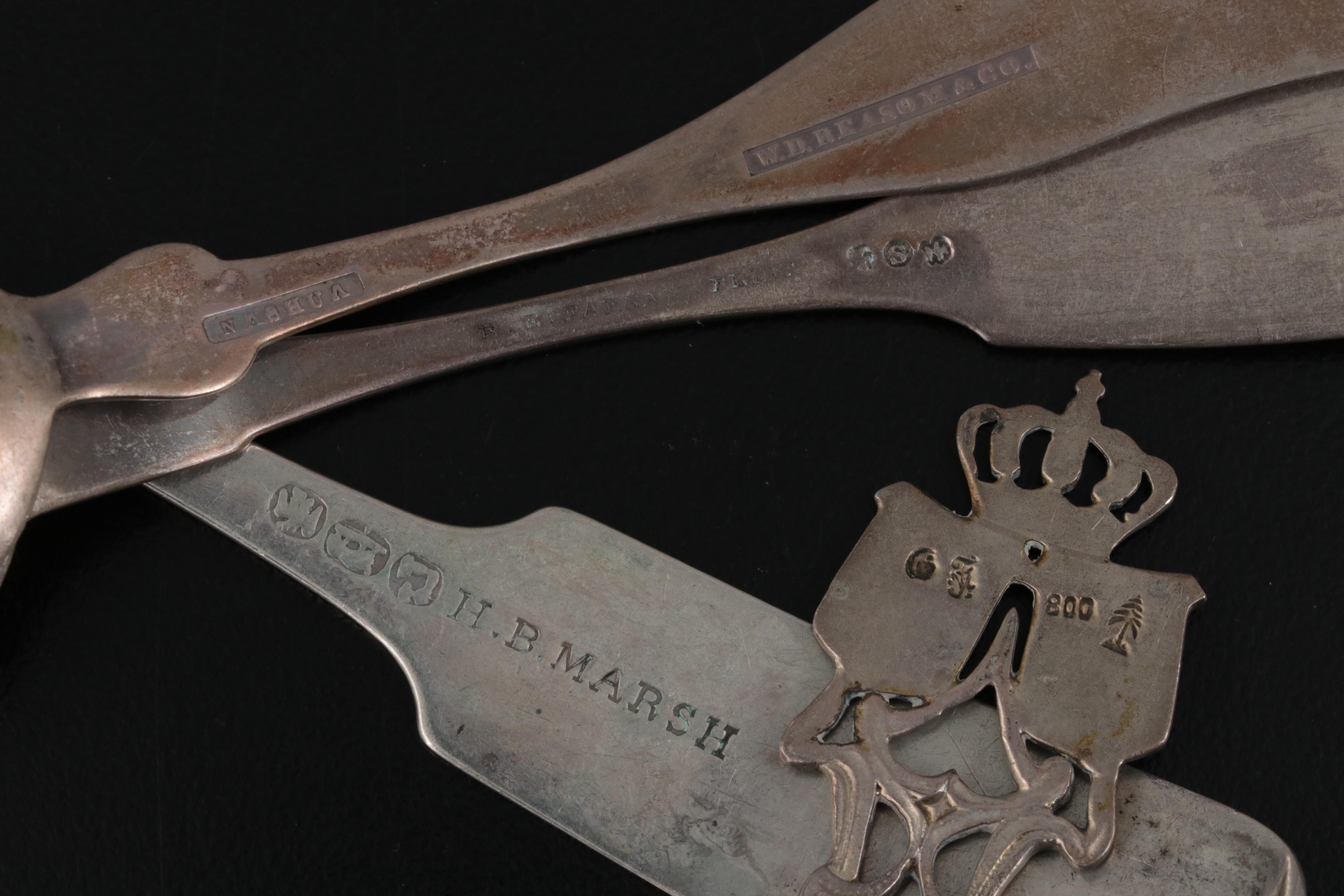 R. Wallace and Other Sterling Utensils with Coin, 800 and Silver Plate Spoons