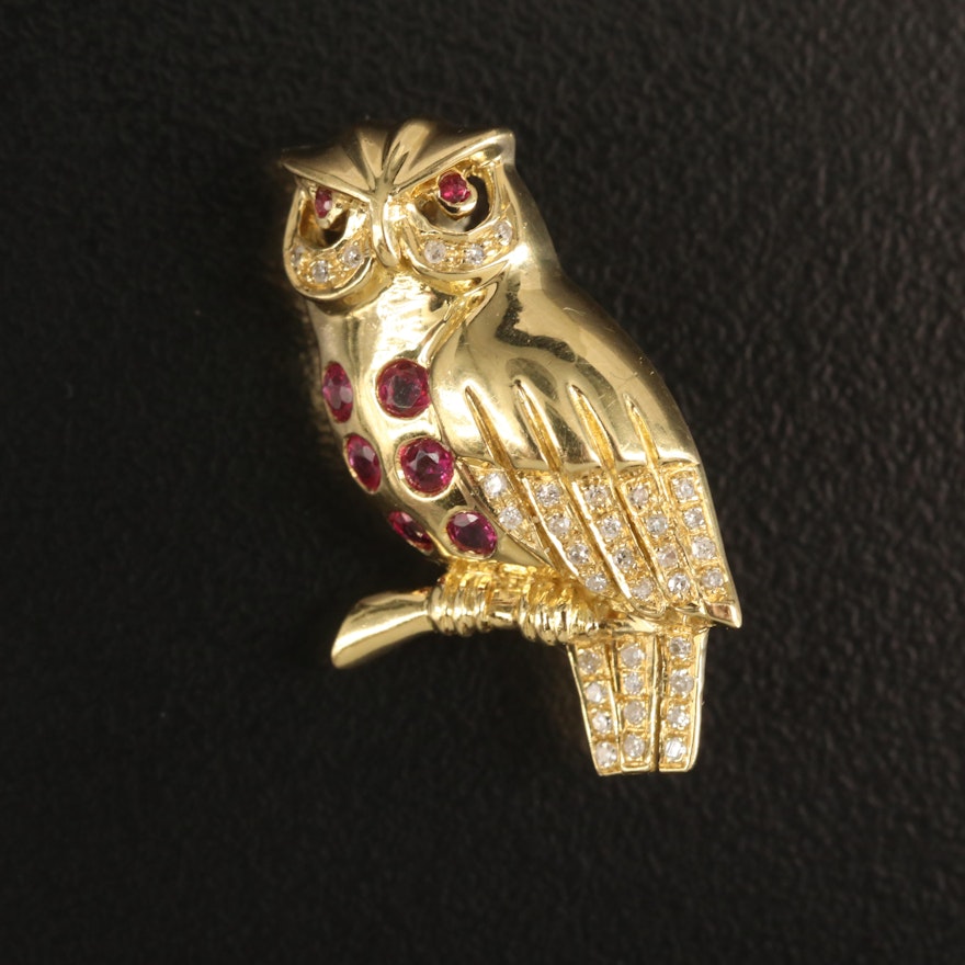 18K Ruby and Diamond Owl Brooch