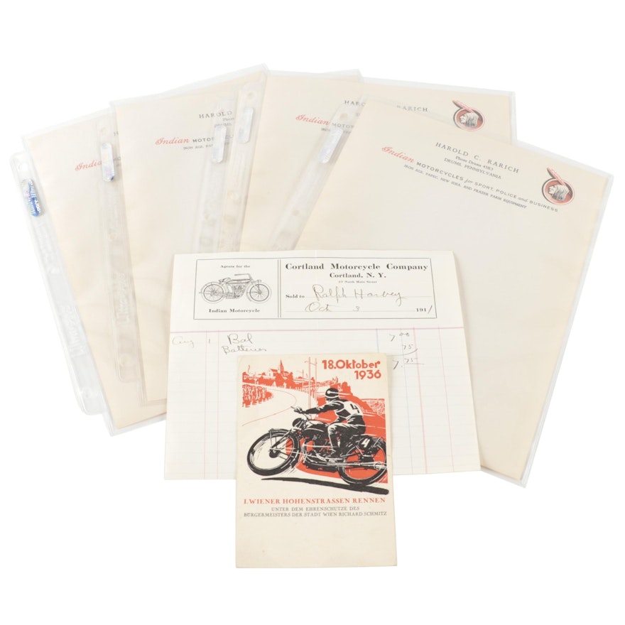 1930s Indian Motorcycle Letterhead, Service Receipt, and German Maker Postcard