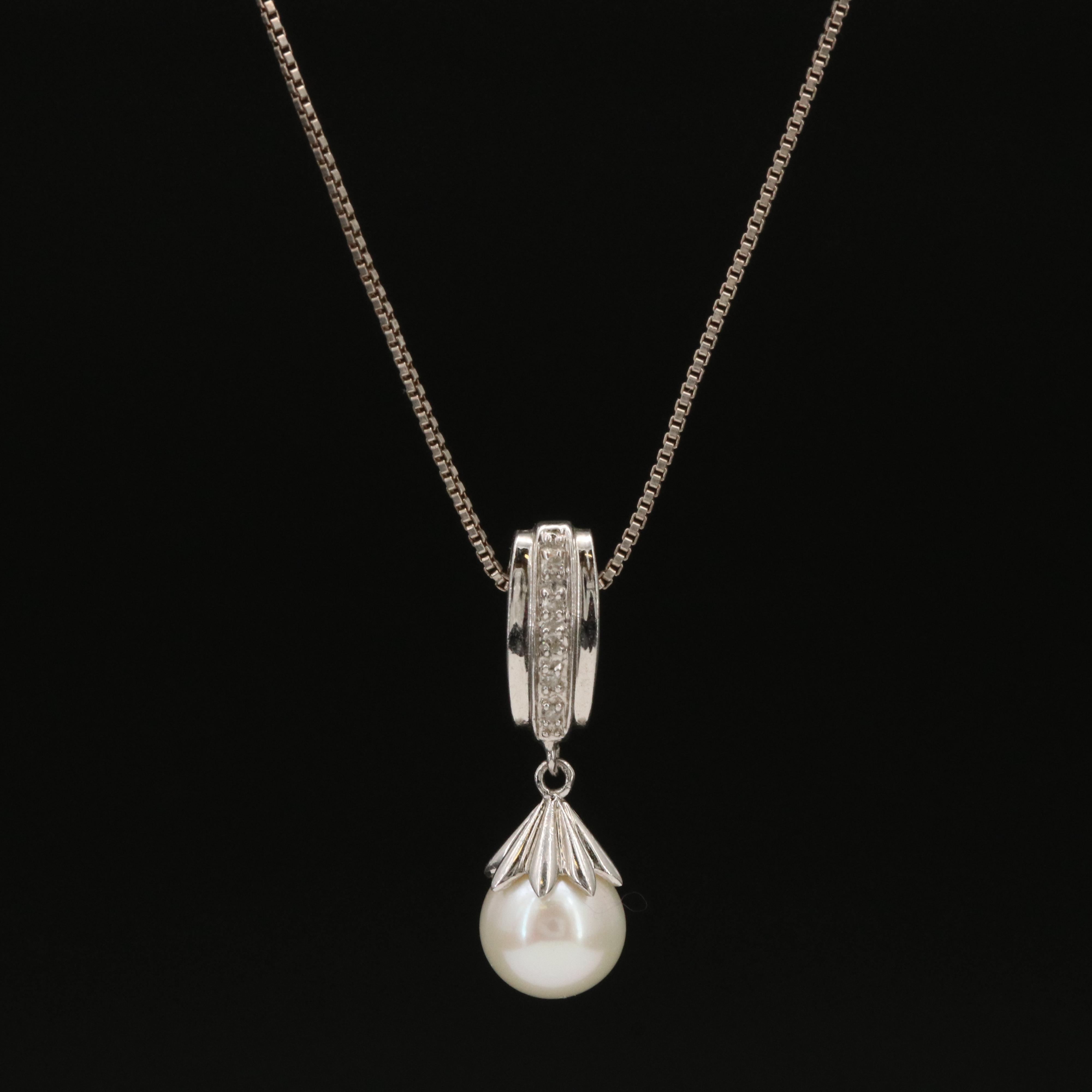 Sterling Pearl and Diamond Pendant Necklace