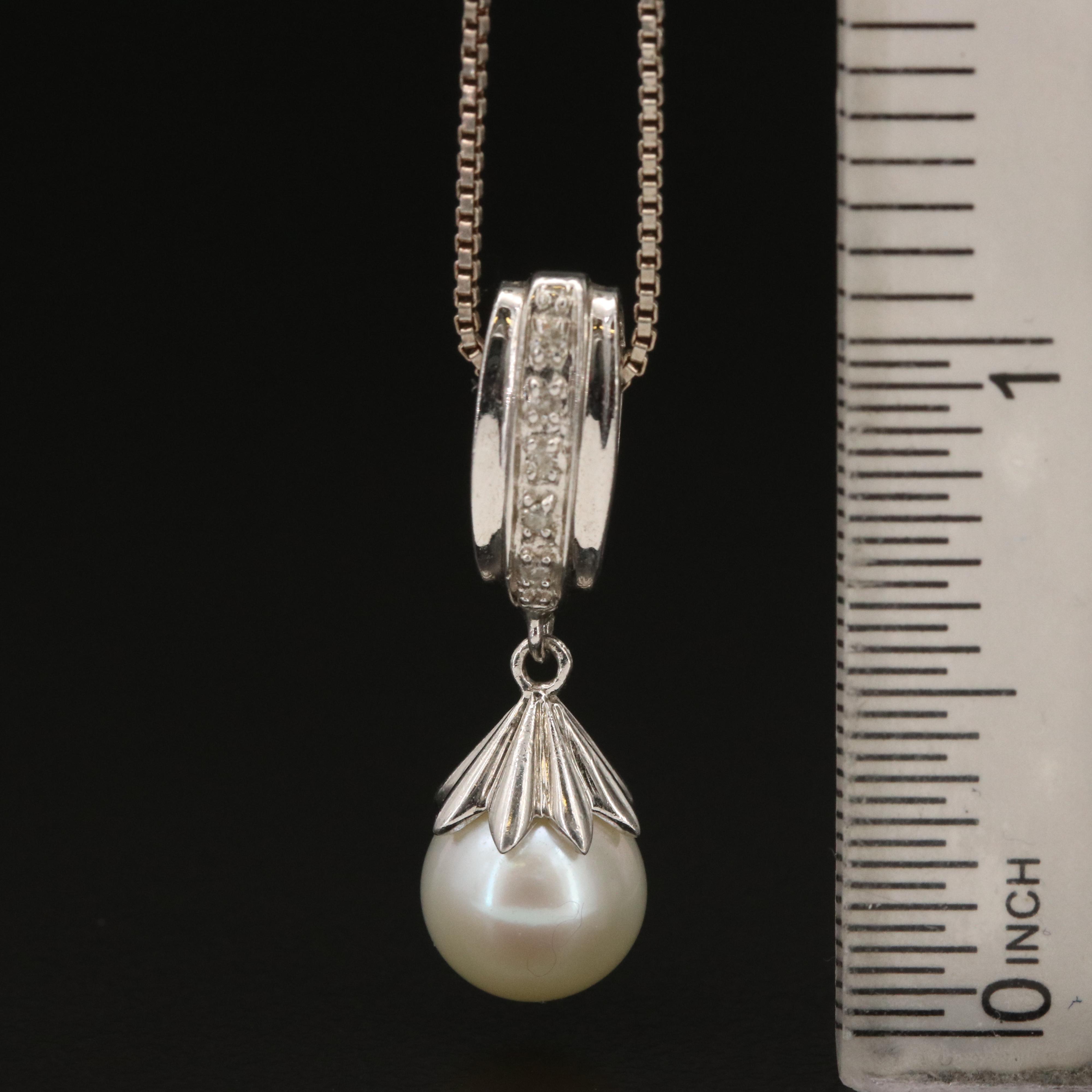 Sterling Pearl and Diamond Pendant Necklace