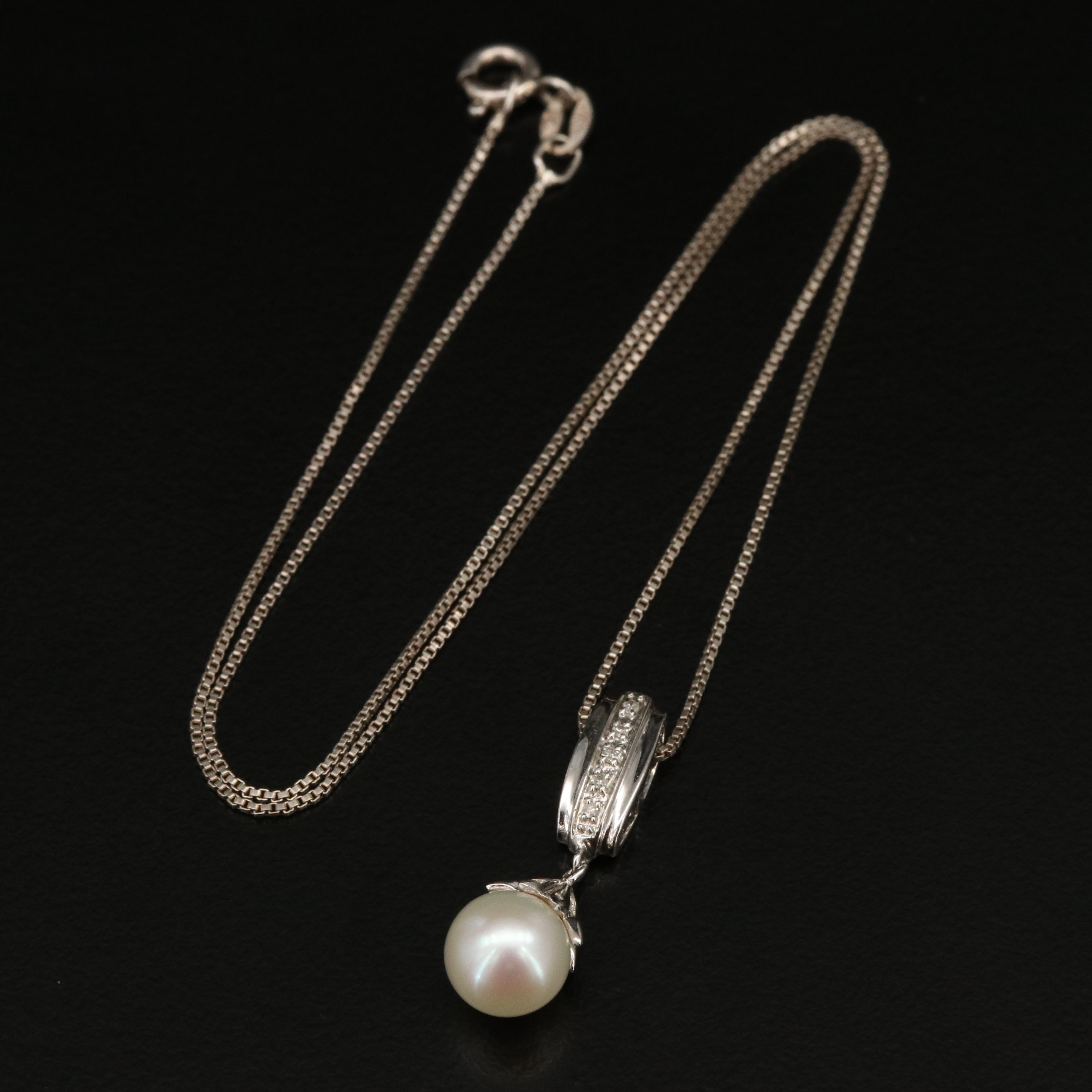 Sterling Pearl and Diamond Pendant Necklace
