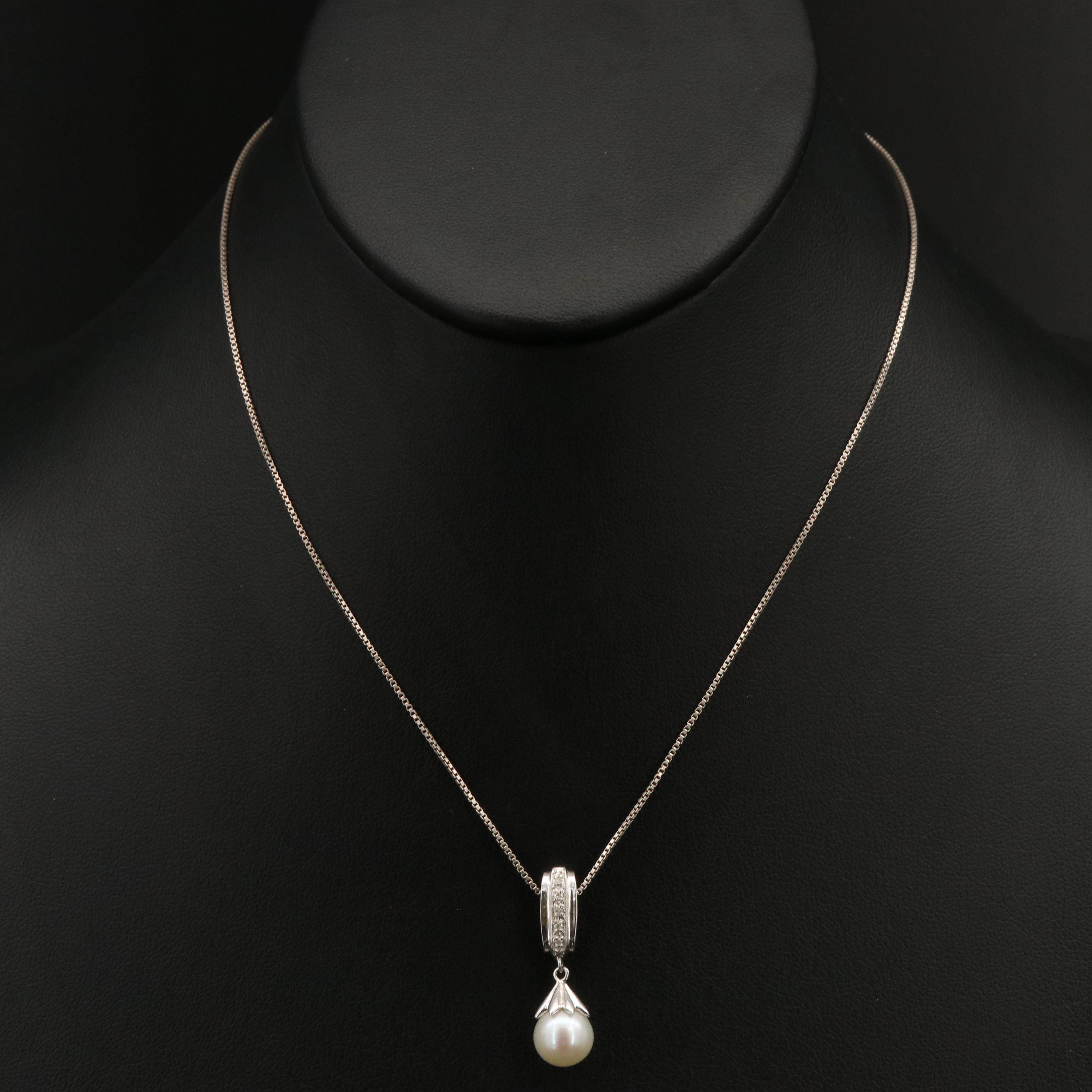 Sterling Pearl and Diamond Pendant Necklace