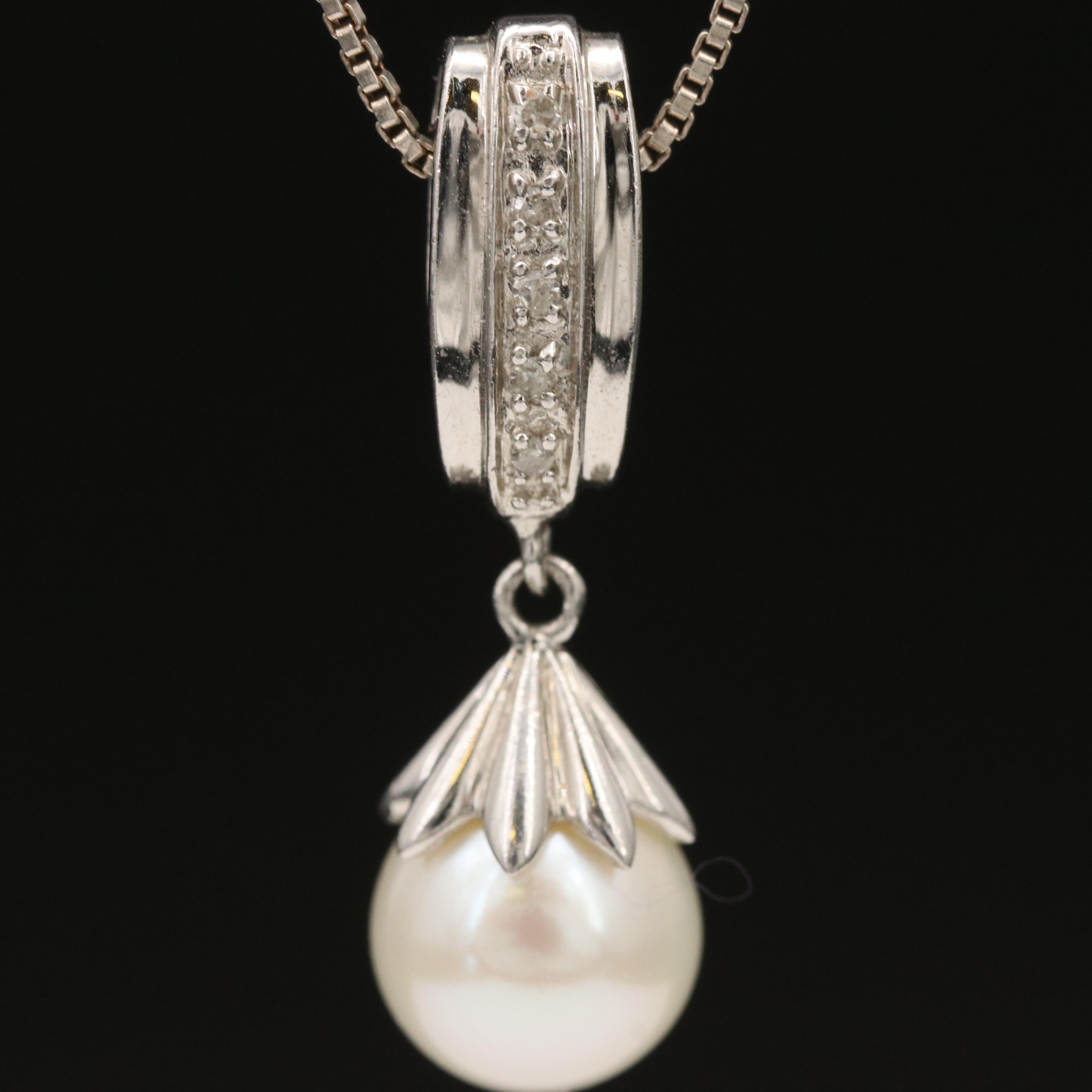 Sterling Pearl and Diamond Pendant Necklace