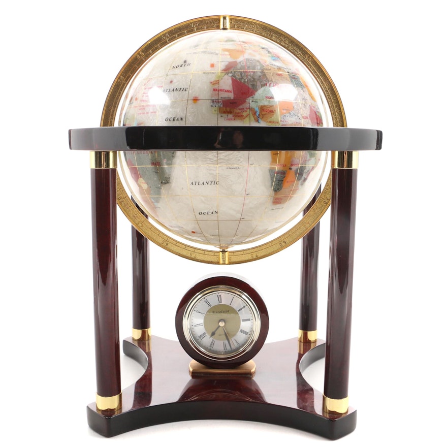 Excelsior Inlaid Mother of Pearl, Stone and Gemstone Desktop Globe and Clock