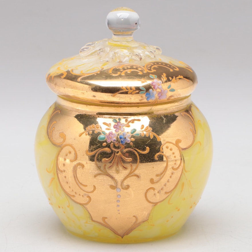 Bohemian Gilt and Enamel Decorated Spatter Glass Lidded Dresser Jar