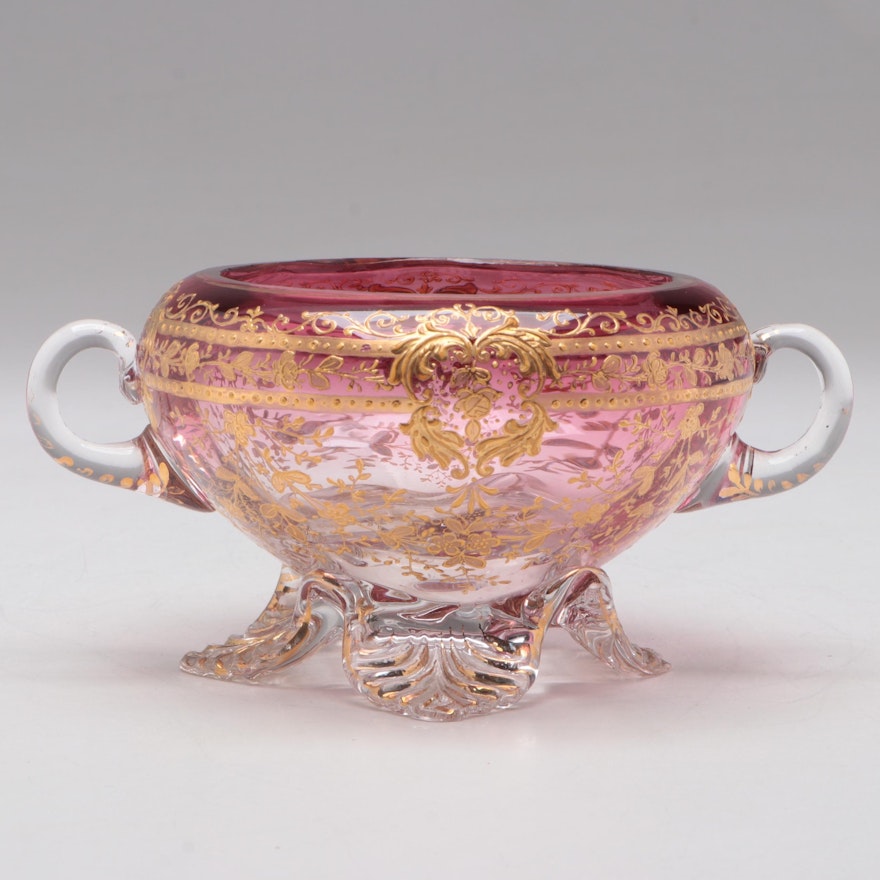 Moser Gilt and Enamel Decorated Footed Cranberry Glass Bowl with Handles