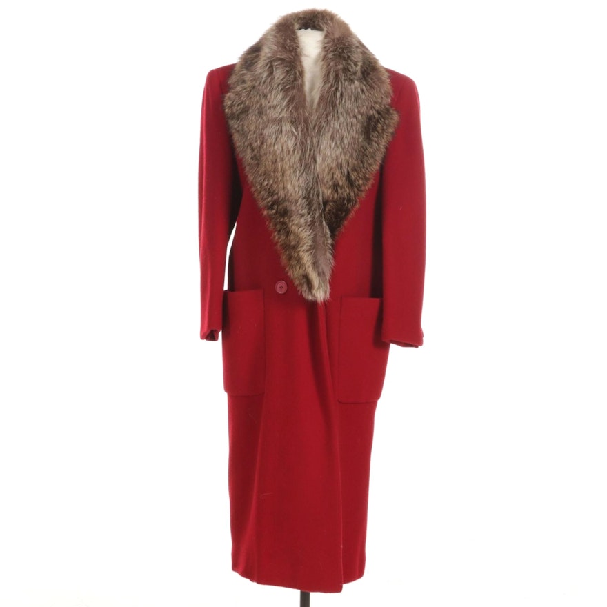 Perry Ellis Red Long Button-Front Coat With Fur Collar