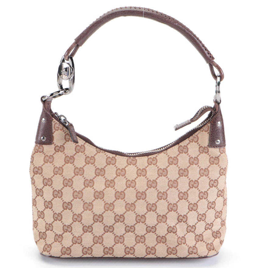 Gucci Small Hobo Shoulder Bag in GG Canvas and Dark Brown Leather