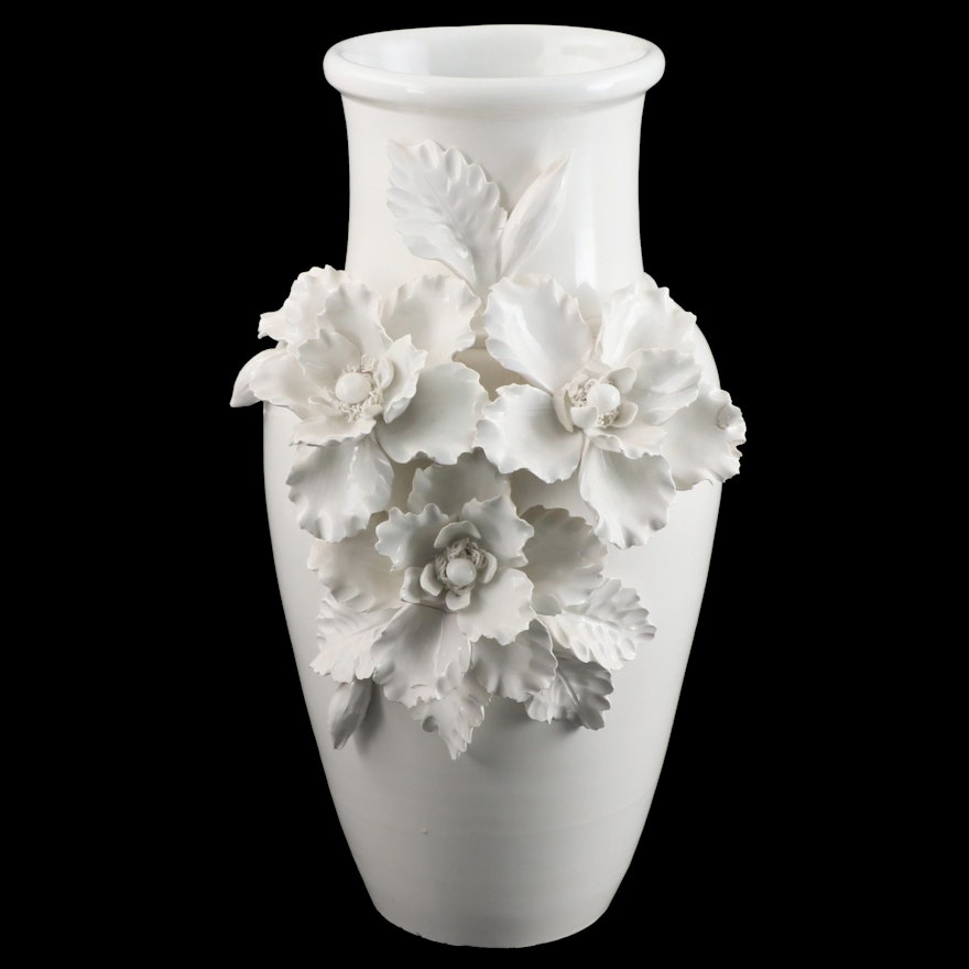 Italian Hand-Painted Ceramic Vase with Applied Flowers, Late 20th Century