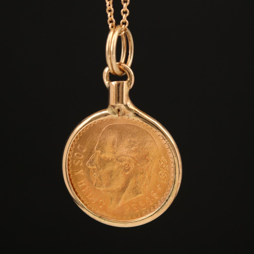 1945 2 1/2 Mexican Pesos with 14K Chain and Bezel Pendant