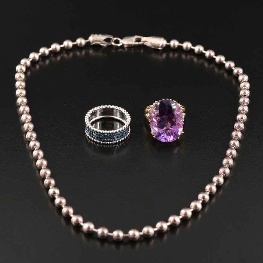 10K Amethyst Ring with Sterling Diamond Band and Silpada Bead Chain Necklace