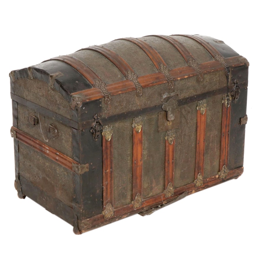 Victorian Dome Top Metal and Wood Steamer Trunk, Late 19th Century