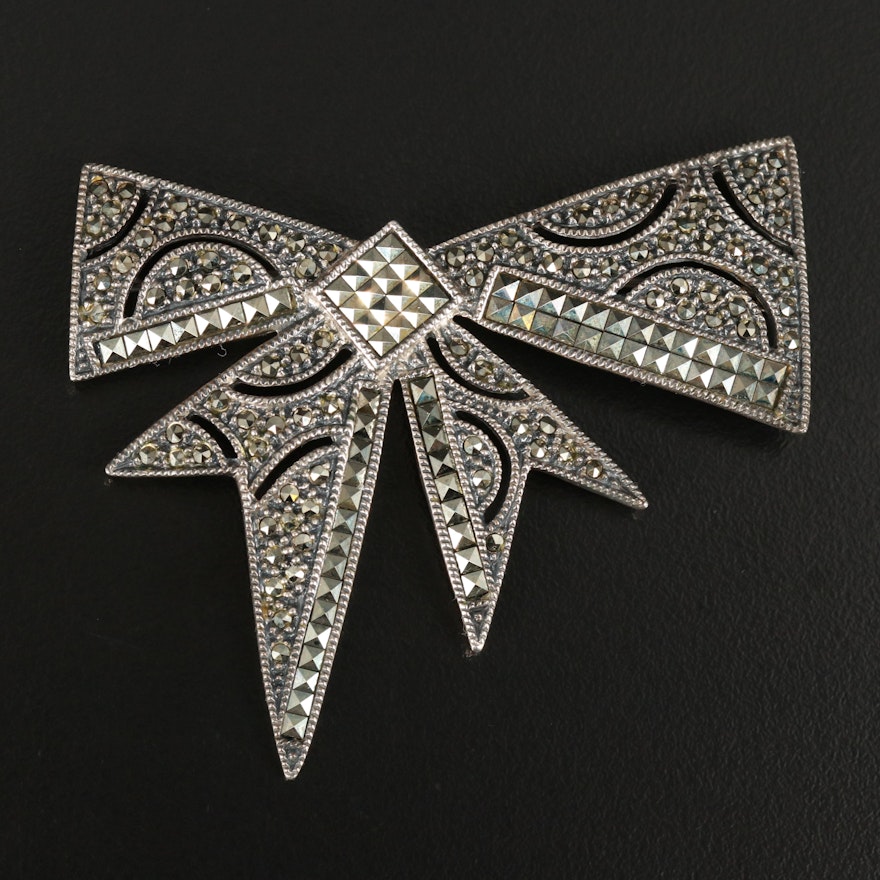 Judith Jack Sterling Marcasite Bow Brooch