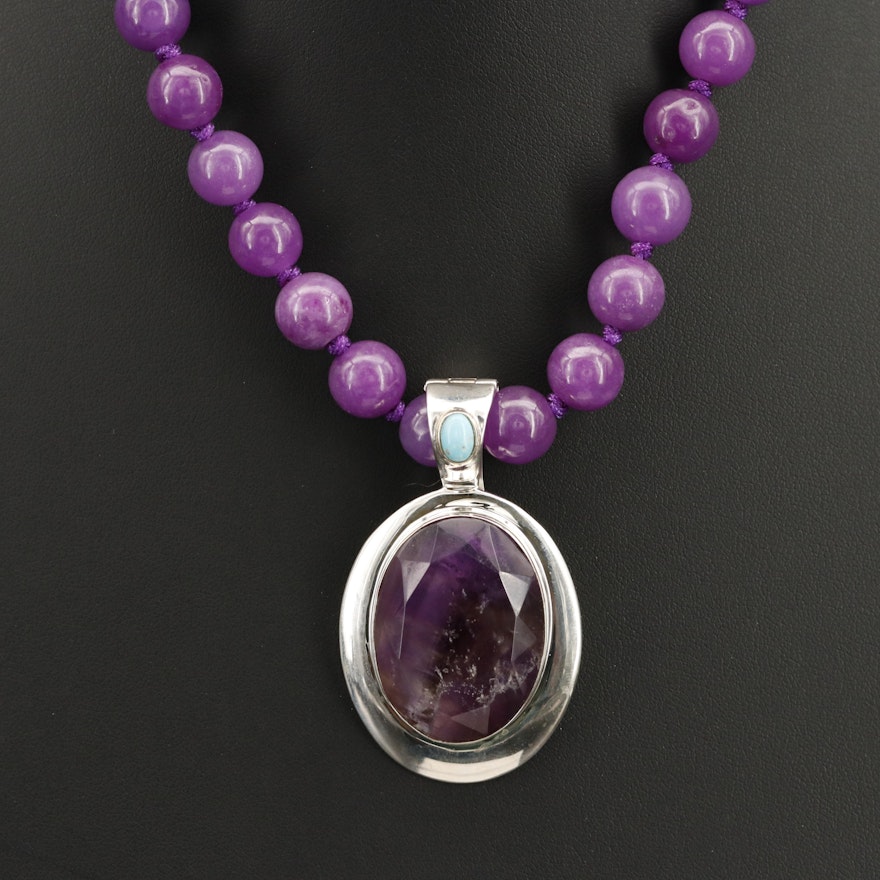 Sterling Amethyst, Quartzite and Gemstone Enhancer Pendant Necklace