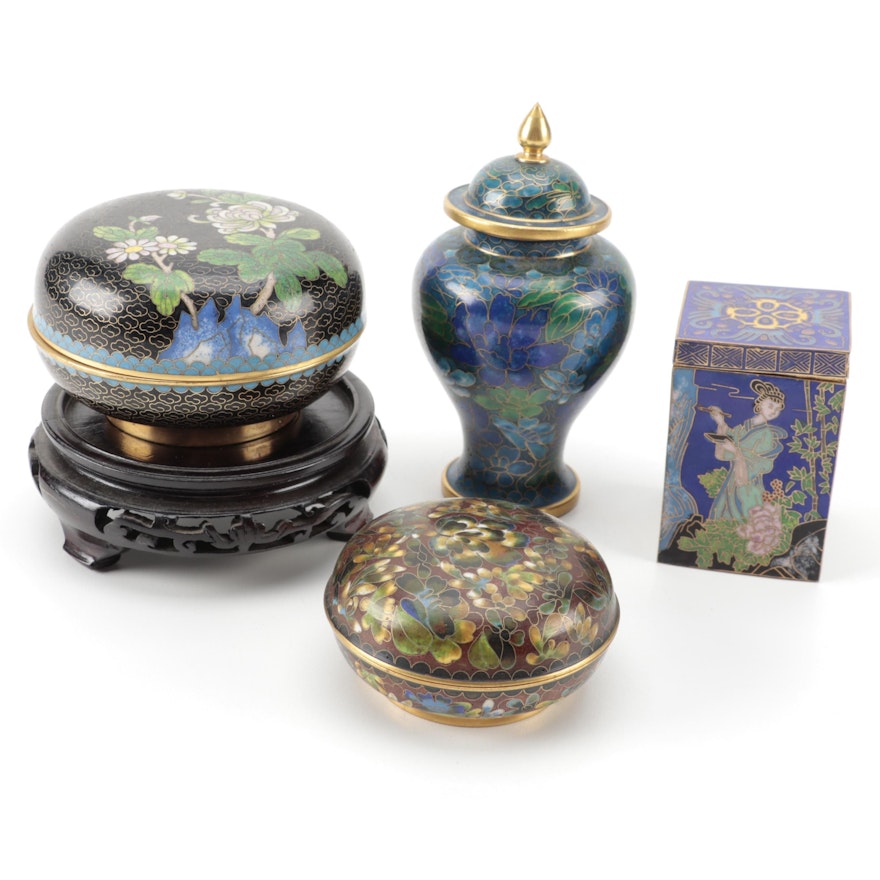 Chinese Cloisonné Floral Motif Boxes and Jar