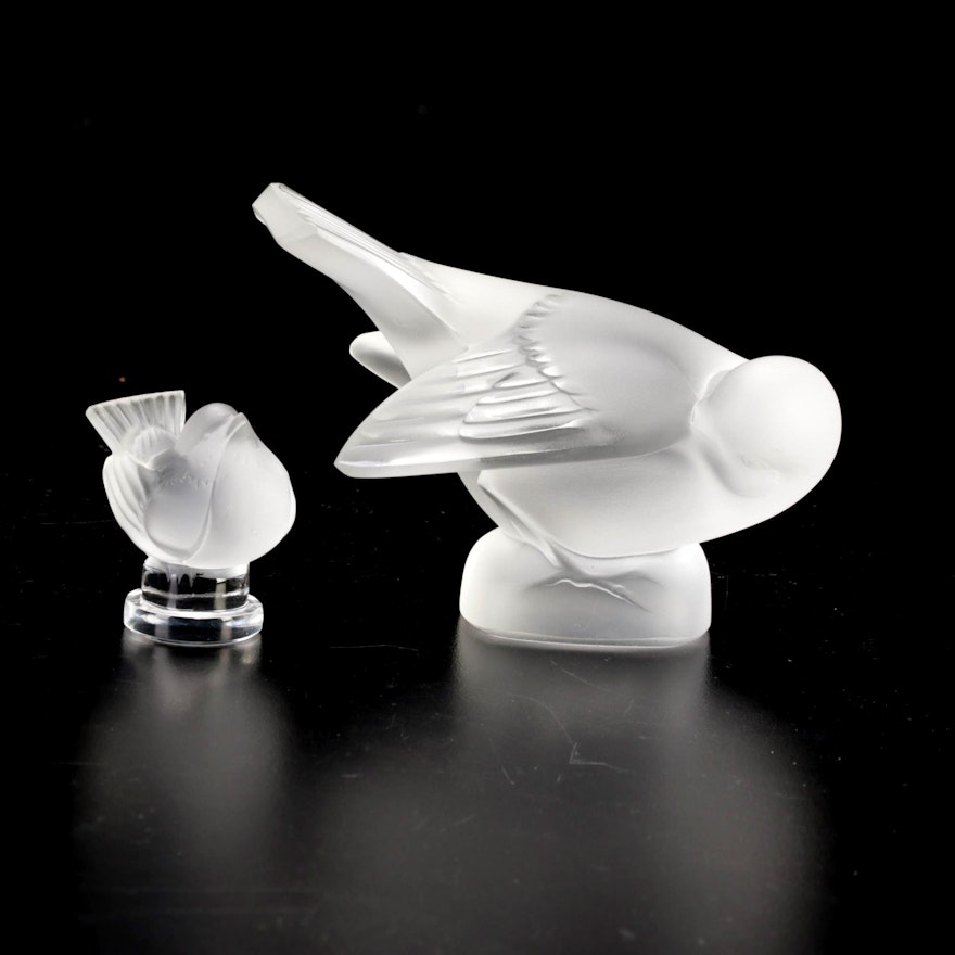 Lalique "Moineau Cocquet" Crystal Figurine and "Finch" Crystal Seal