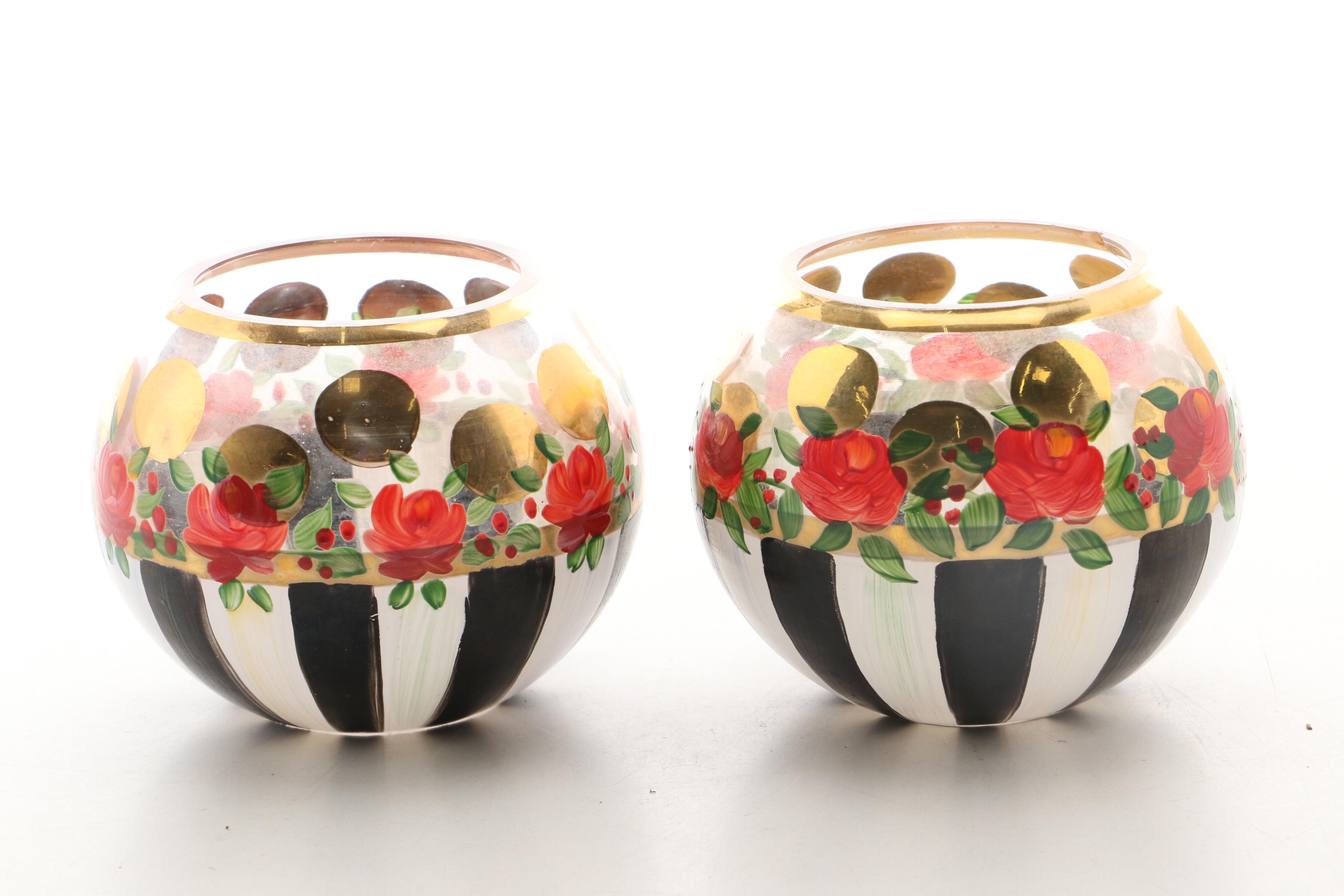 MacKenzie-Childs "Heirloom" Rose Bowls and "Circus" Hand-Painted Glass Vases