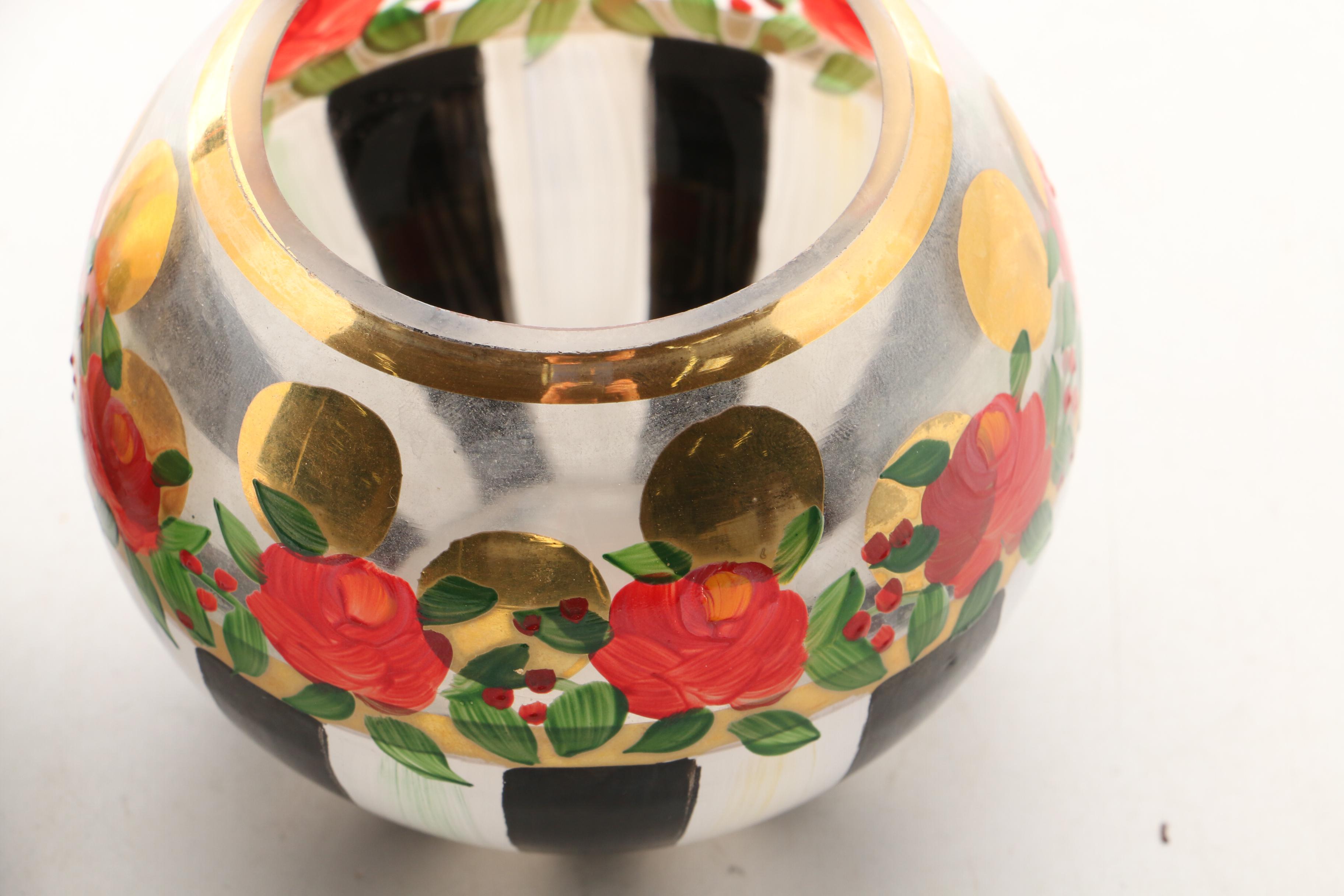 MacKenzie-Childs "Heirloom" Rose Bowls and "Circus" Hand-Painted Glass Vases