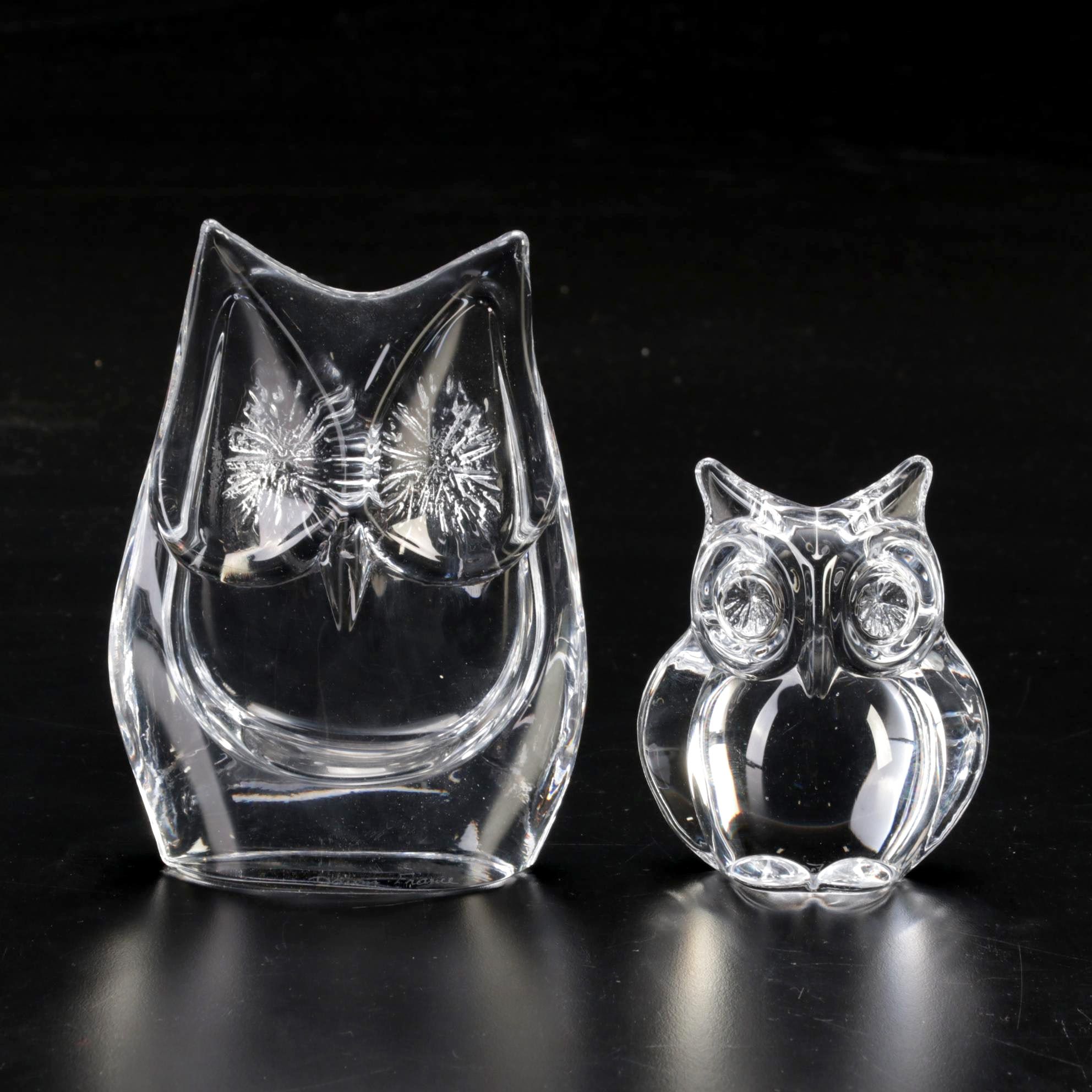 Daum Crystal Owl Figurines Including "Minos," Mid to Late 20th Century