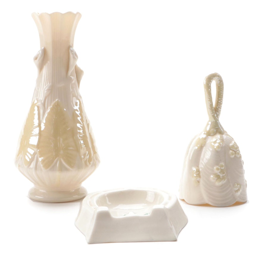 Belleek "Shamrock" Porcelain Ashtray, "Nile" Vase, and Bell, Mid to Late 20th C.