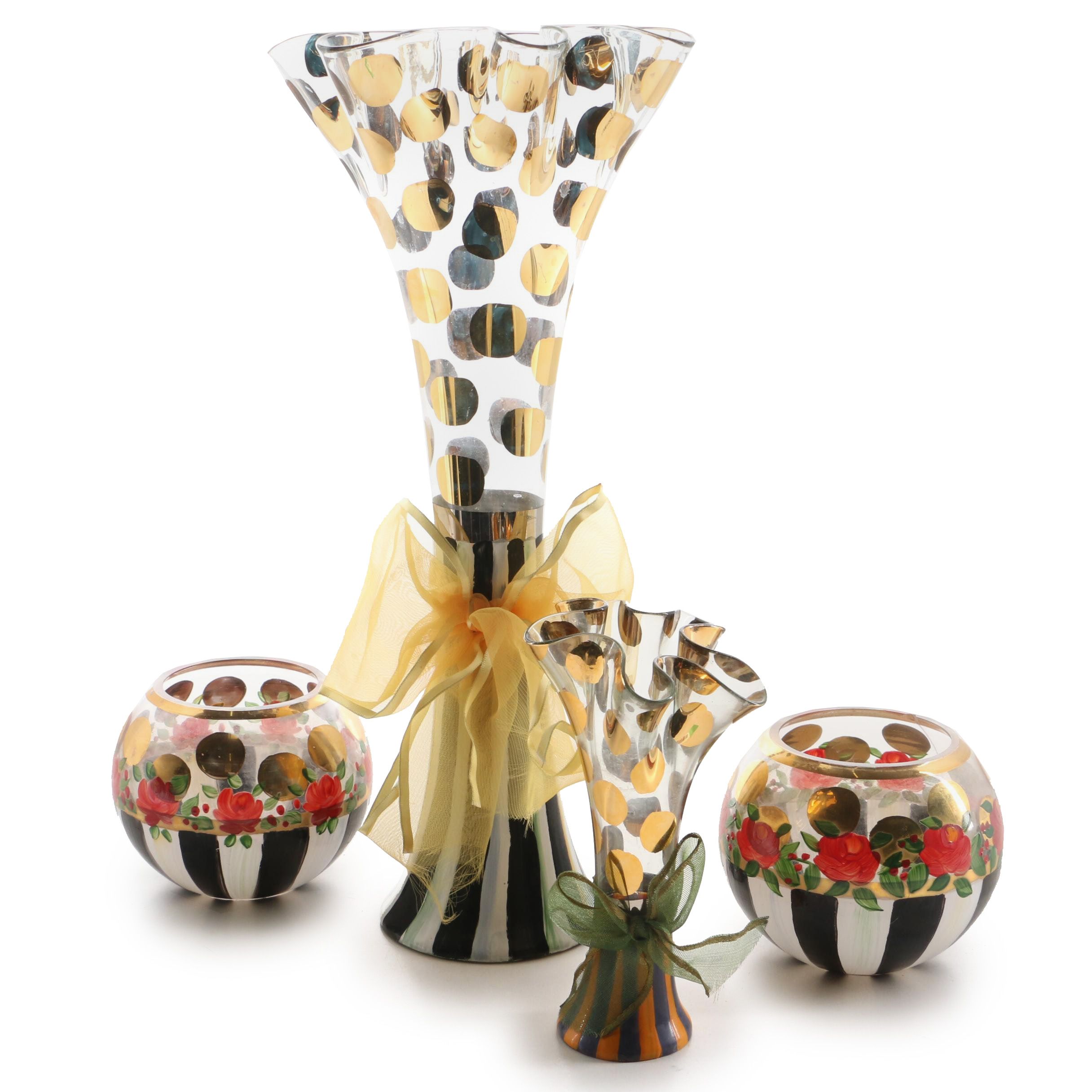 MacKenzie-Childs "Heirloom" Rose Bowls and "Circus" Hand-Painted Glass Vases