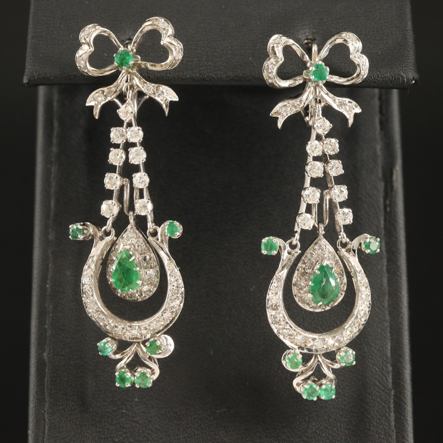 14K Emerald and 2.39 CTW Diamond Drop Earrings with Bow Detail