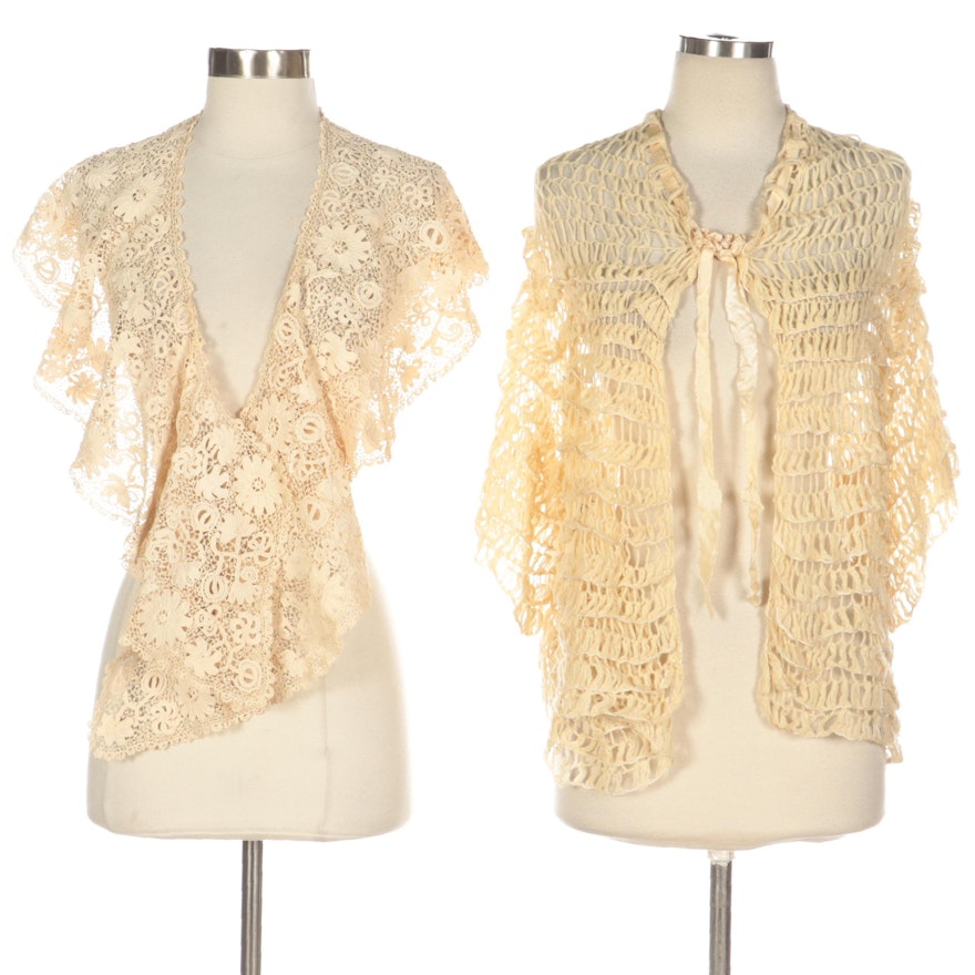 Floral Crochet Lace and Tiered Yarn Jacket and Shawl, Early to Mid-20th Century