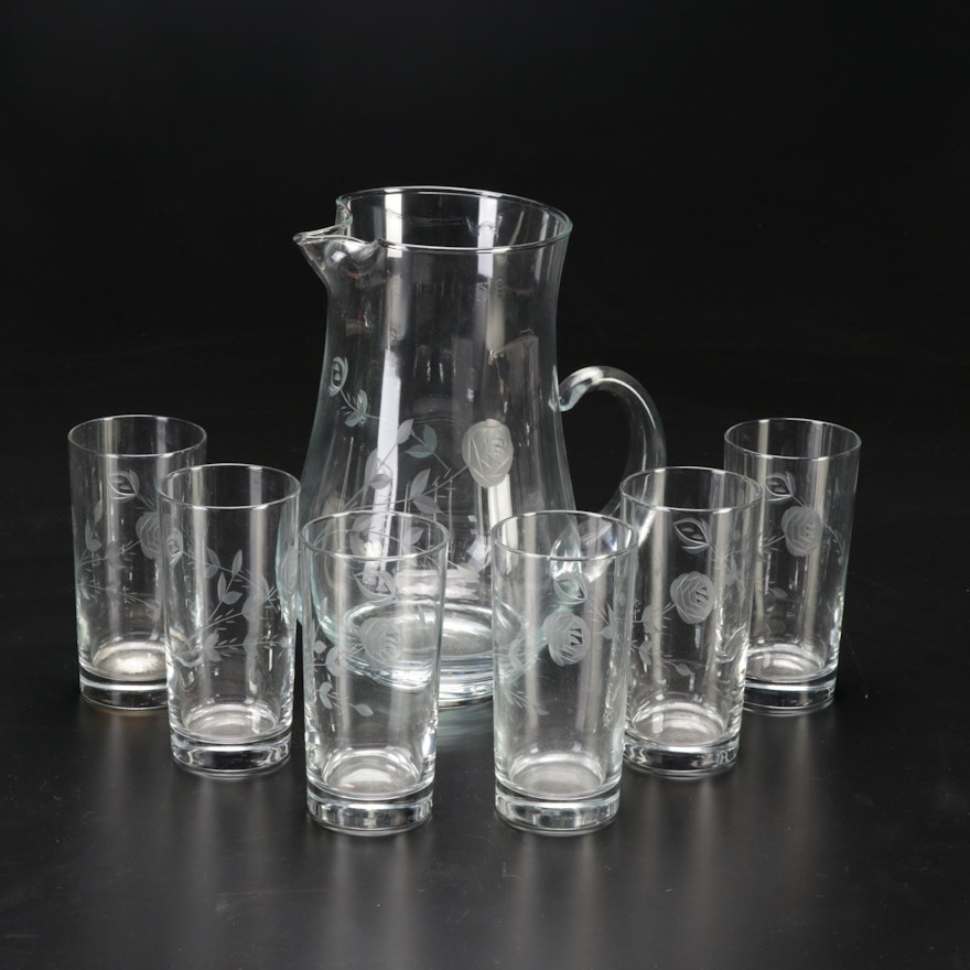 Etched Glass Pitcher and Tumblers, Mid to Late 20th Century