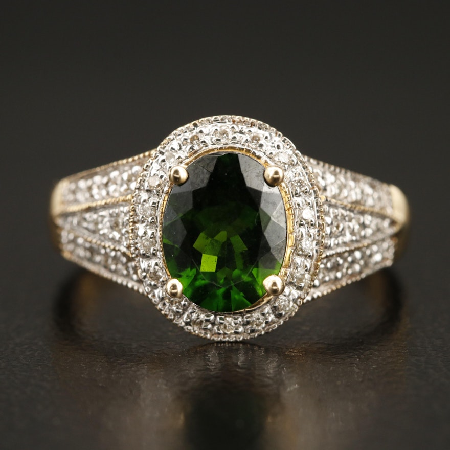 14K Diopside and Diamond Halo Ring