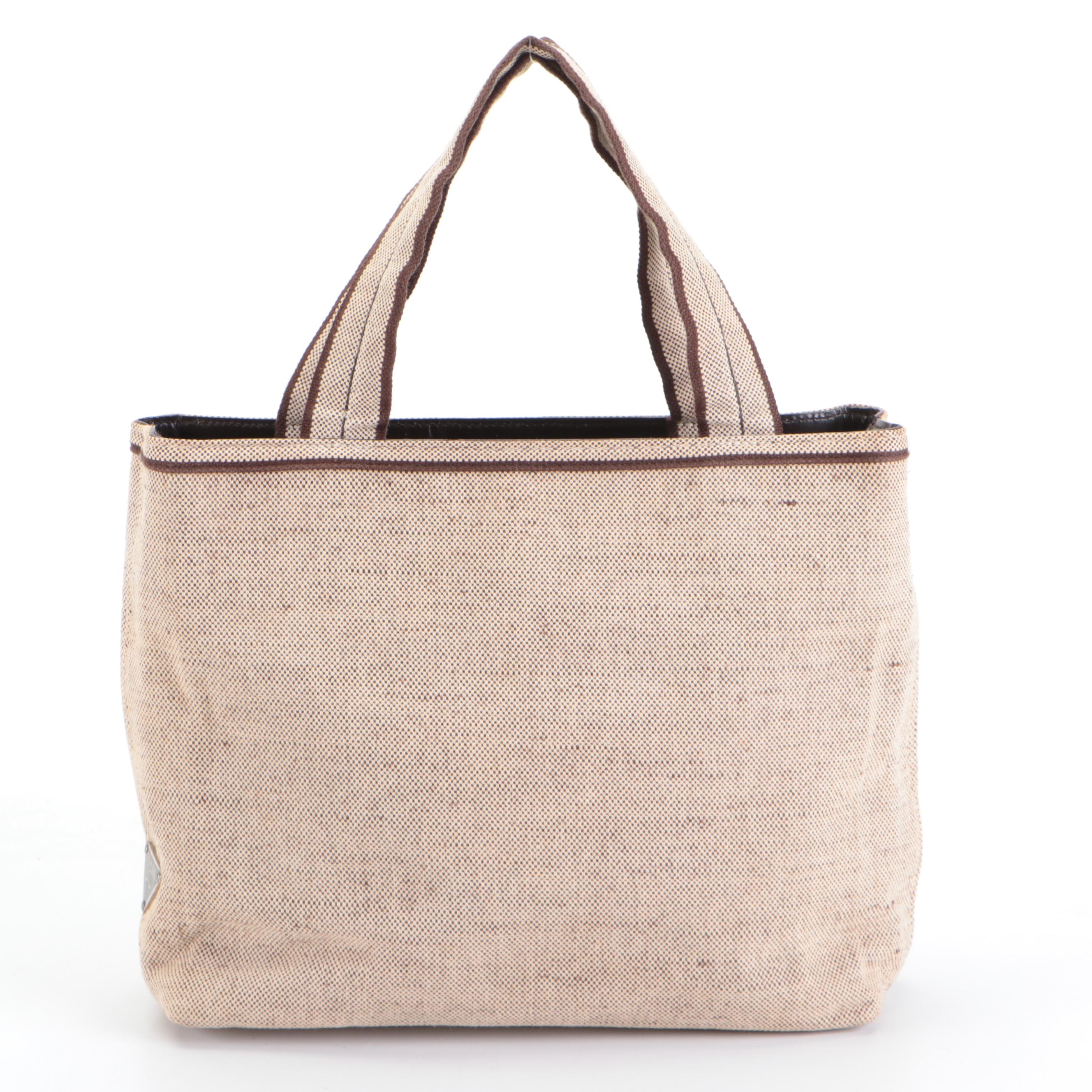 Prada Small Handbag in Bicolor Natural and Dark Brown Canapa Canvas