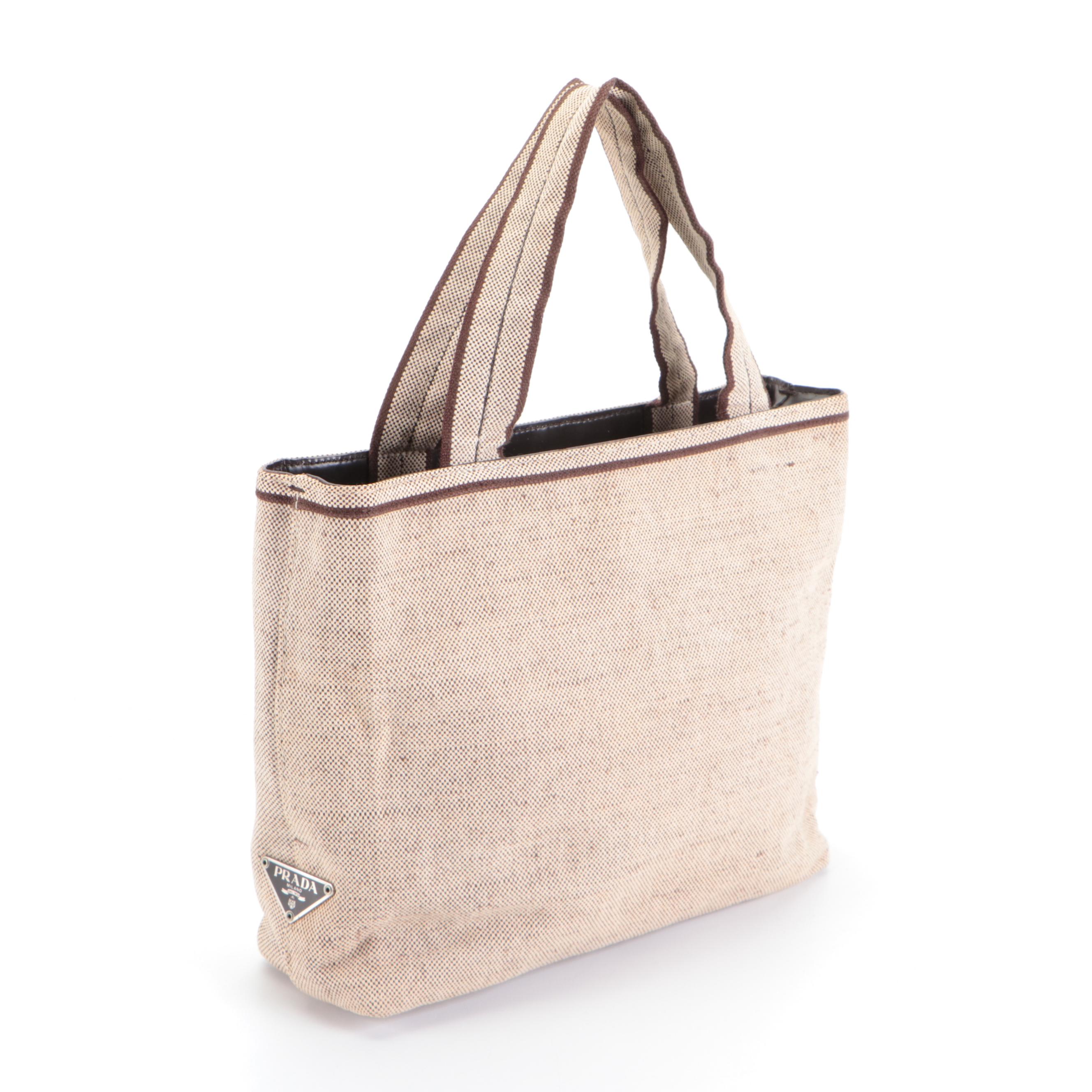 Prada Small Handbag in Bicolor Natural and Dark Brown Canapa Canvas