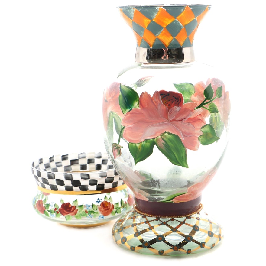 MacKenzie-Childs Hand-Painted "Circus Rose" Bowl and Other Vase