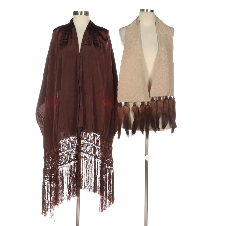 Large Wrap in Brown with Macramé Fringe and Bouclé Scarf with Mink Tails