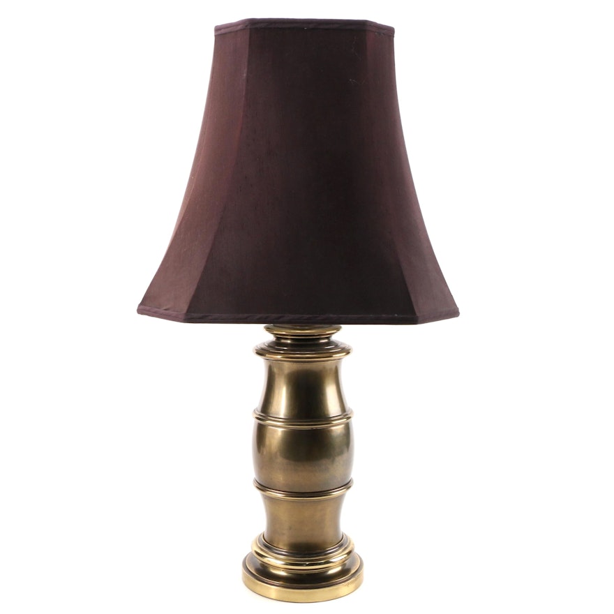 Two-Light Brass Table Lamp with Shade, Mid-20th Century