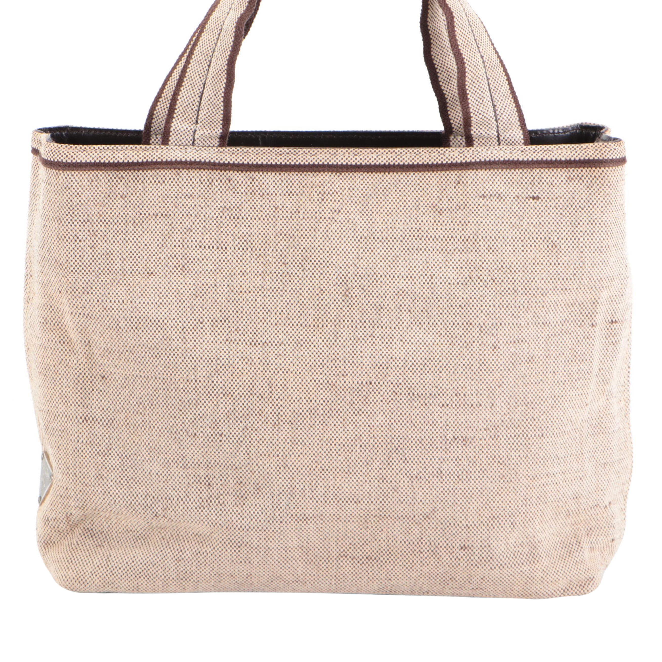 Prada Small Handbag in Bicolor Natural and Dark Brown Canapa Canvas