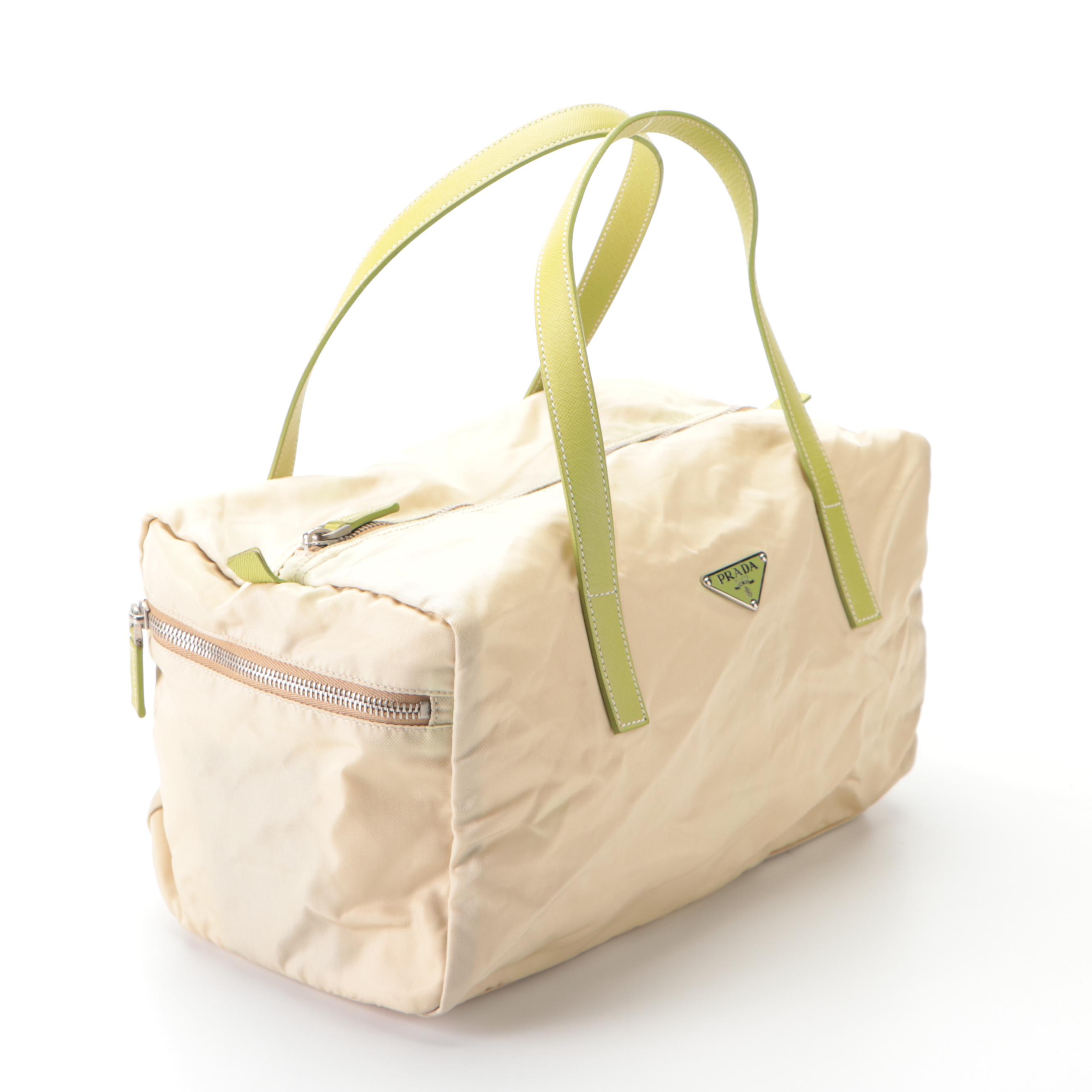 Prada Small Duffel Bag in Nylon Tessuto & Light Green Saffiano Leather