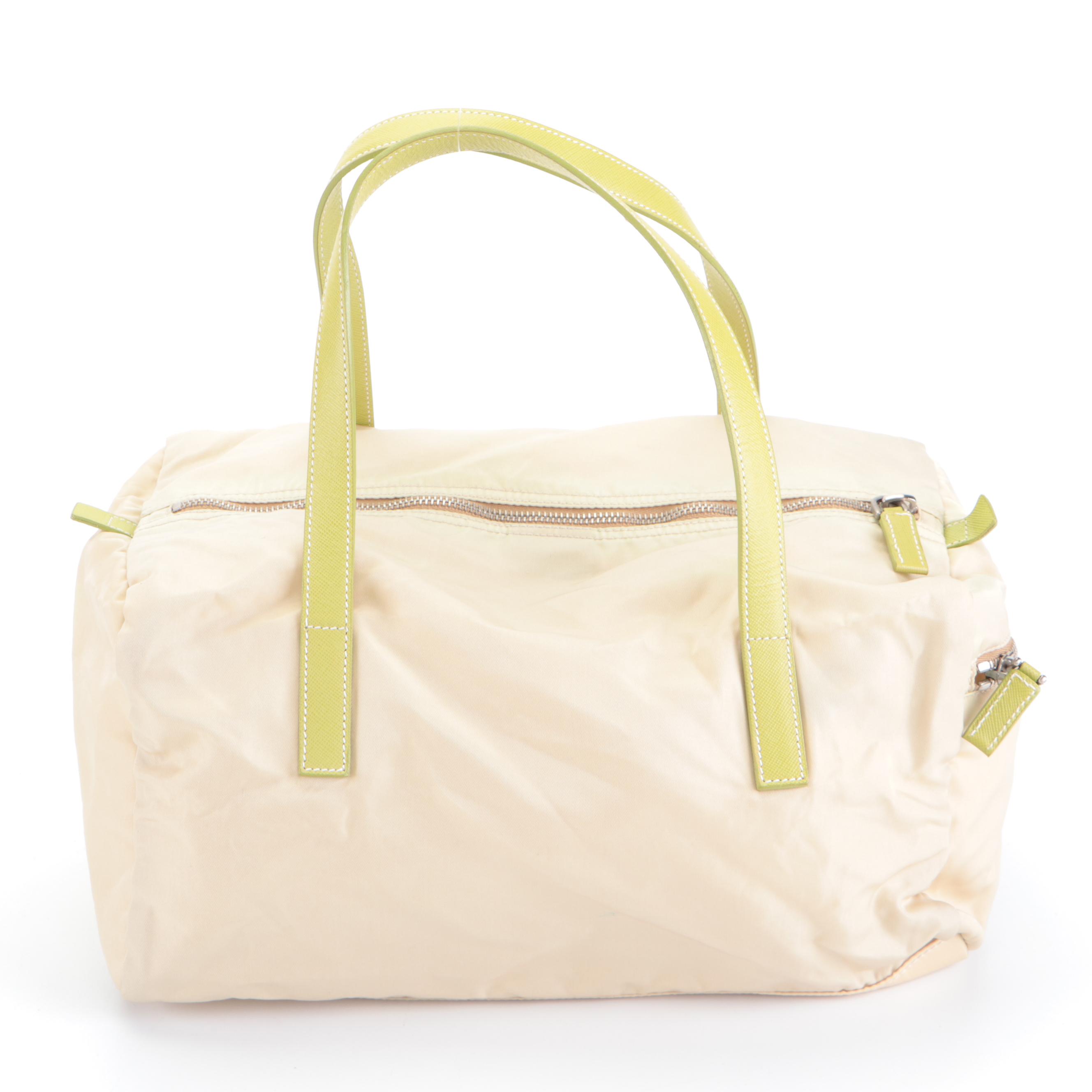 Prada Small Duffel Bag in Nylon Tessuto & Light Green Saffiano Leather