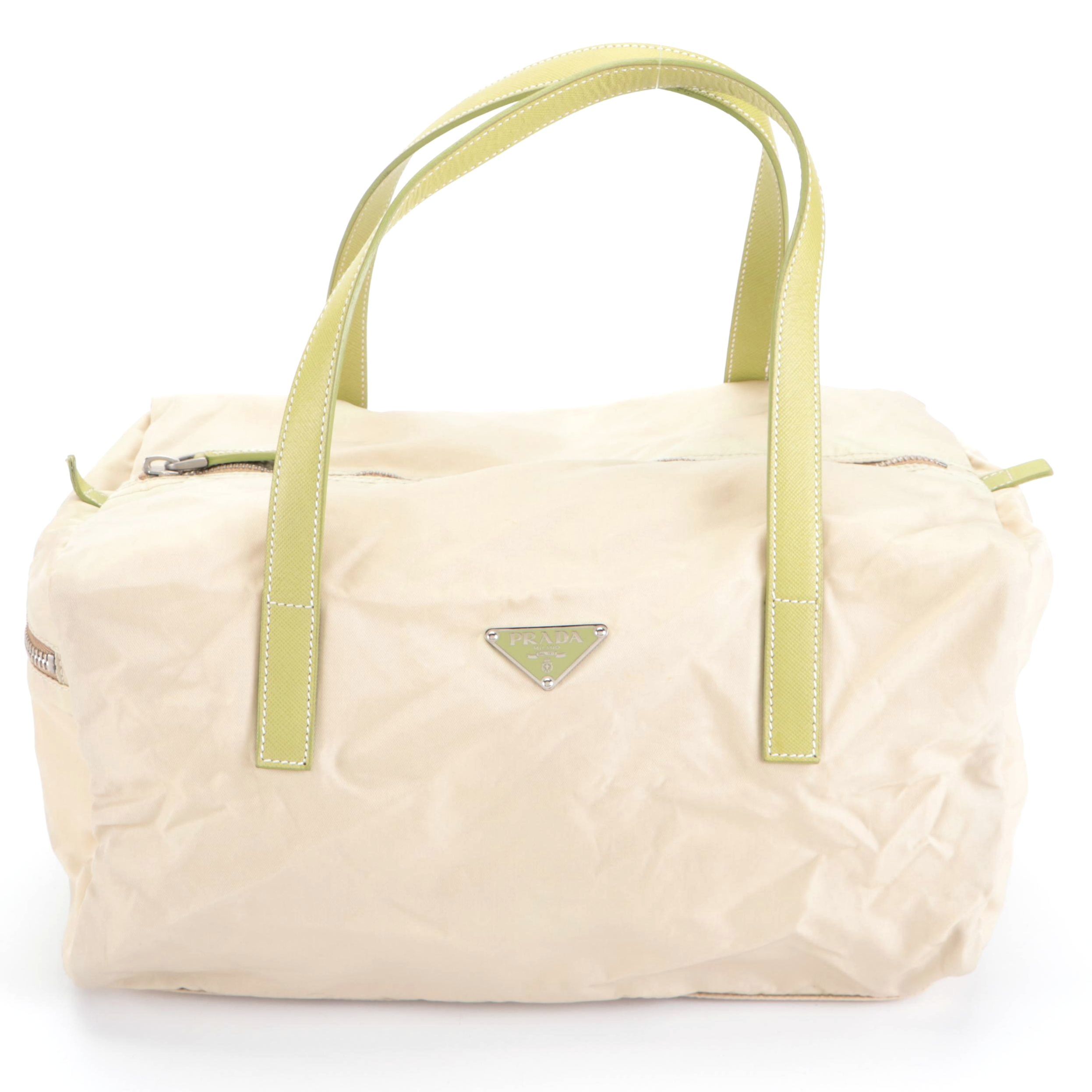 Prada Small Duffel Bag in Nylon Tessuto & Light Green Saffiano Leather