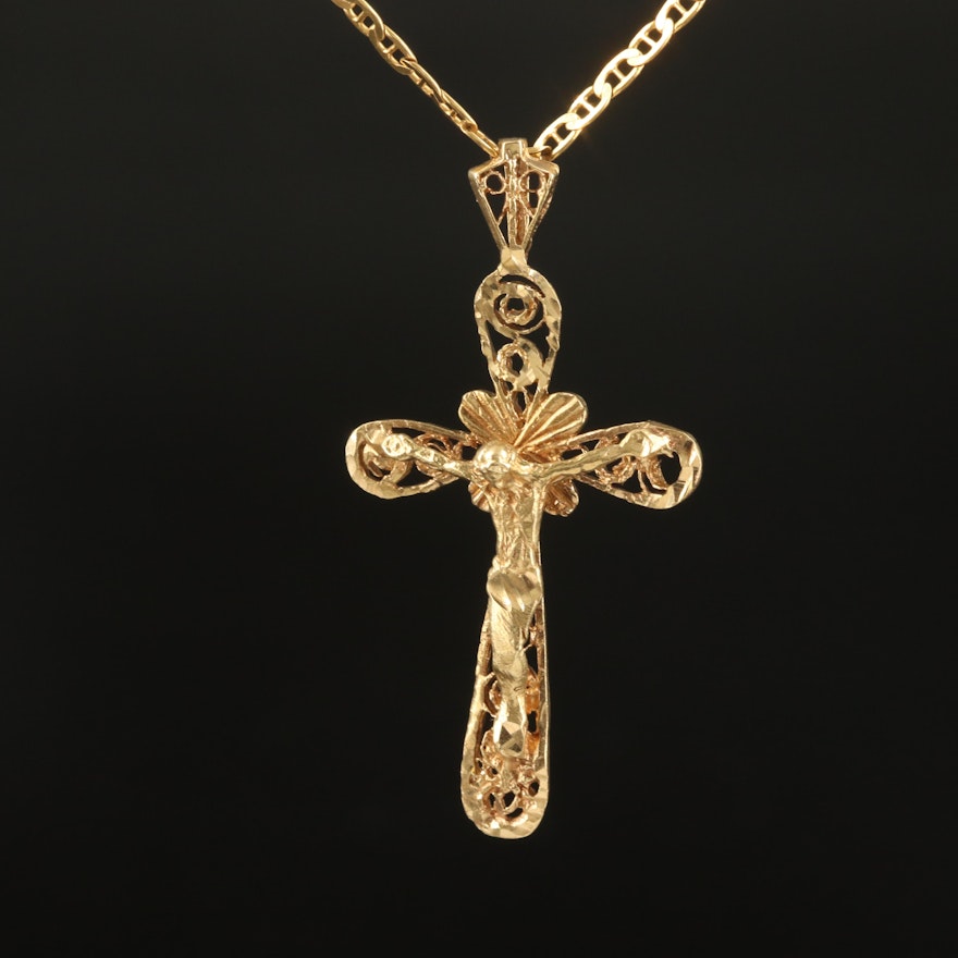 14K Filigree Crucifix Necklace