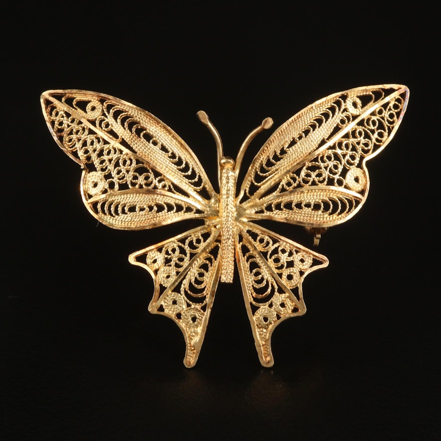 14K Butterfly Filigree Brooch