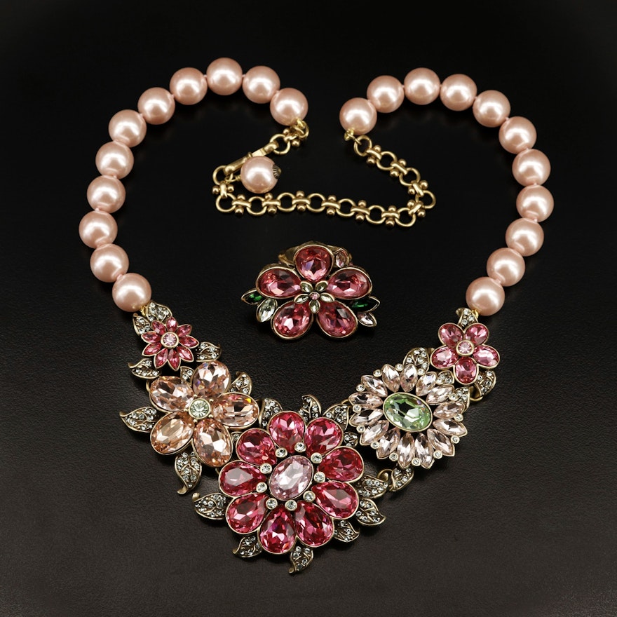 Heidi Daus "Glorious Garden" Crystal and Imitation Pearl Necklace and Ring