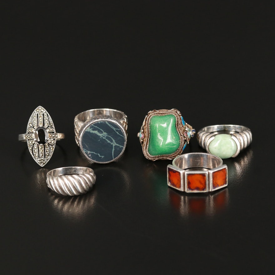 Sterling Gemstone Rings Including Aventurine, Quartz and Jadeite