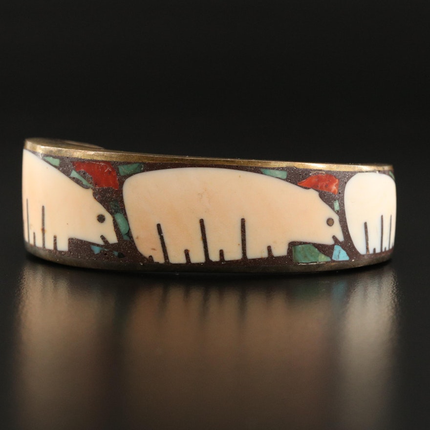 Inlay Shell, Turquoise and Coral Fetish Bear Cuff