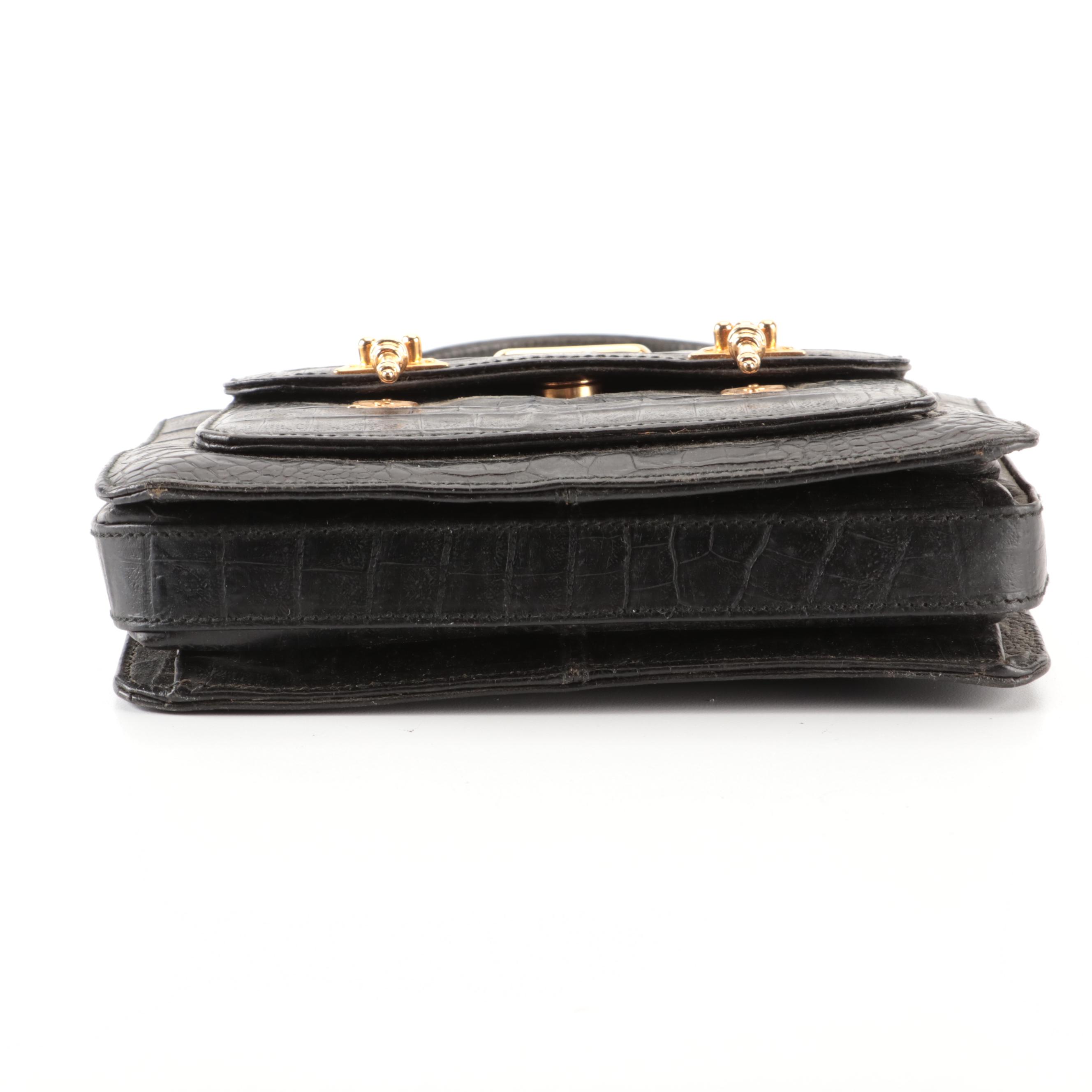 Valentino Small Top-Handle Frame Bag in Black Caiman Crocodile