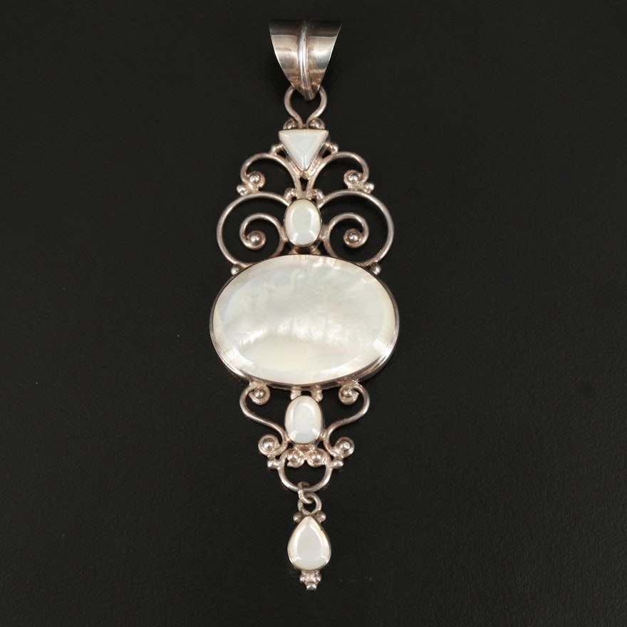 Sterling Mother of Pearl Pendant with Scrolled Details