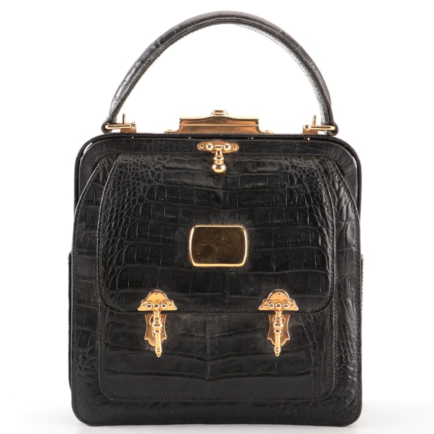 Valentino Small Top-Handle Frame Bag in Black Caiman Crocodile