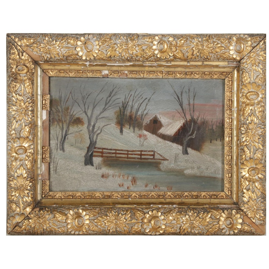 Landscape Oil Painting of Snowy Creek and Old Barn, Late 19th-Early 20th Century